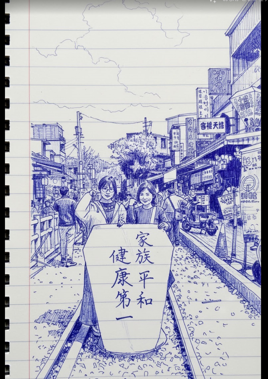 台湾・十分の商店街と天灯（家族平和 健康第一）をAIで線画イラストに変換したもの