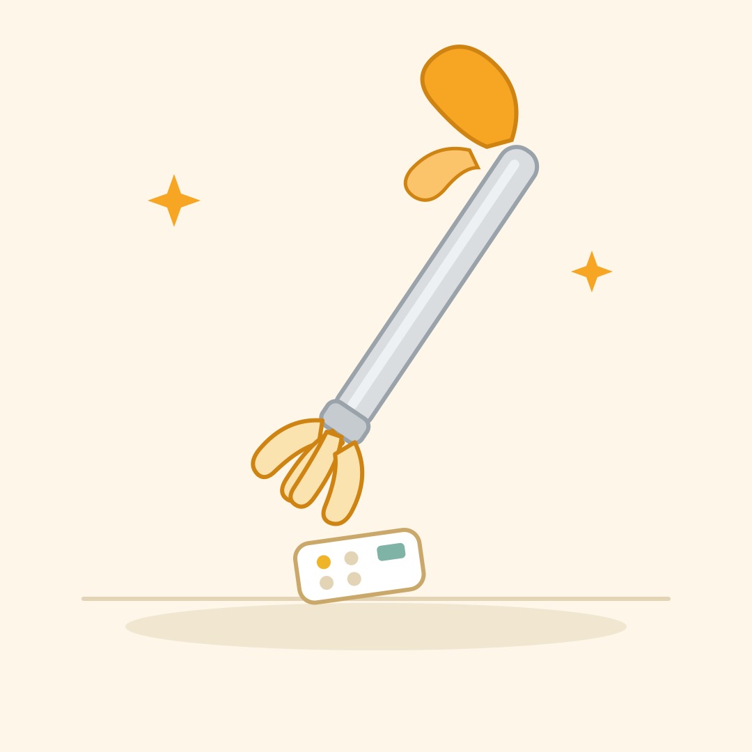 床の落とし物をマジックハンドで拾うイラスト