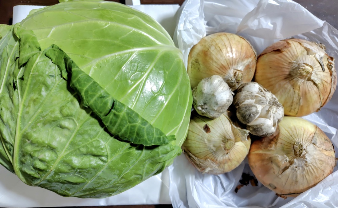 ご近所さんが届けてくれた、採れたてのキャベツ・玉ねぎ・にんにく