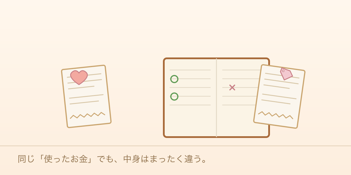 ハート印の良かったレシートと、値札つきの後悔したレシート、家計簿のイラスト