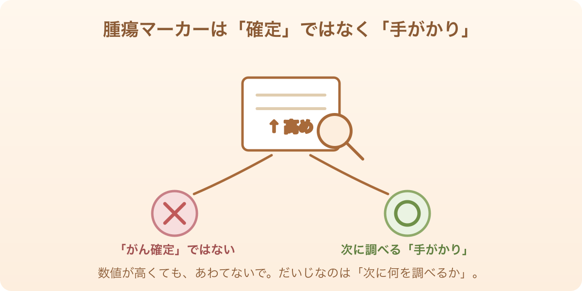 腫瘍マーカーが高くても「がん確定」ではなく、次に調べる手がかり、と示したイラスト