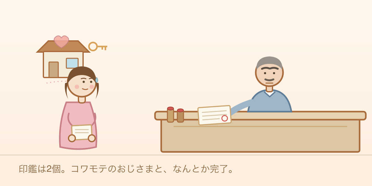 法務局の窓口で、コワモテの相談員さんに書類を見てもらう様子。印鑑が2個と、鍵のついた家のイラスト